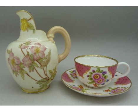 A Royal Worcester jug and a Royal Worcester Worcester Flowers cup and saucer, jug a/f