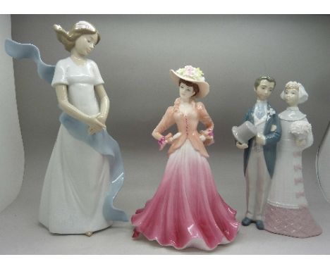 A Lladro figure of a bride and groom, a Nao figure and a Coalport figure, height of tallest 25cm