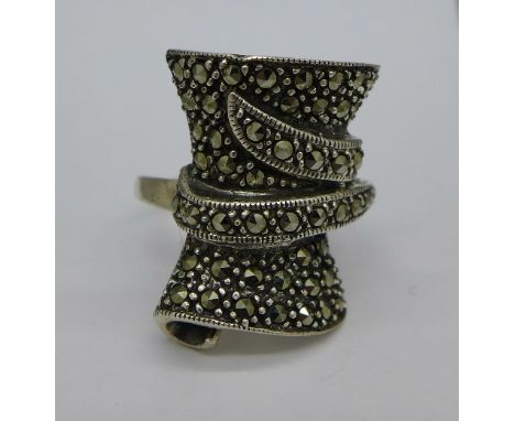 A silver and marcasite Art Deco style ring, size R