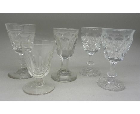 Five 19th Century stemmed drinking glasses including panel cut, chip to one base