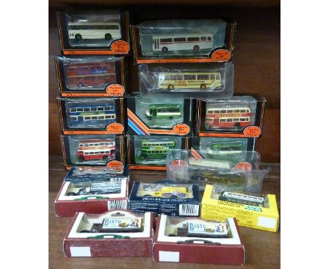 Seventeen die-cast model vehicles, including Exclusive First Edition buses and other commercial vehicles