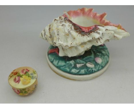 A Victorian Royal Worcester shell, a/f and a miniature Royal Worcester rouge pot