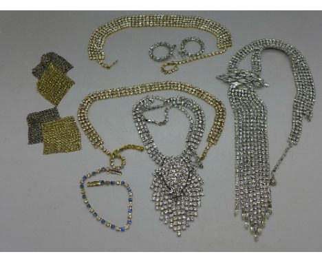 Two large diamante Art Deco necklaces, three bracelets and two pairs of earrings