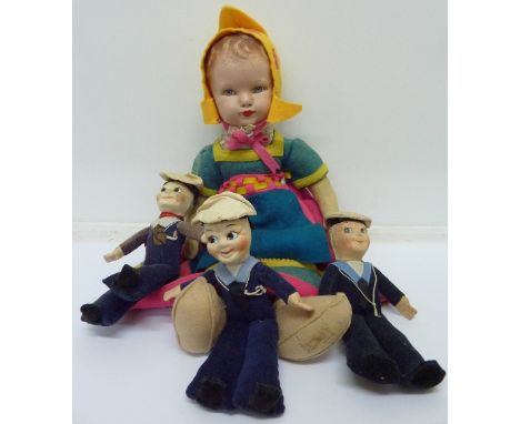 A Chad Valley Dutch girl doll and three Norah Wellings style sailor dolls