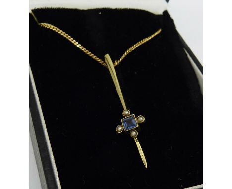 A 9ct gold pendant set with sapphire and seed pearls, made from an Art Deco bar brooch on a 9ct gold chain, total weight 4.4g