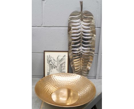 A copper large bowl and large stainless steel dish in the shape of a leaf and a framed print of Drury Hill, Nottingham  **PLE