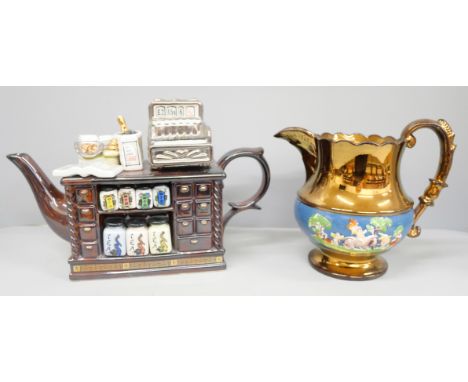 A Victorian lustreware copper pitcher and a Cardew teapot in the style of a teashop 
