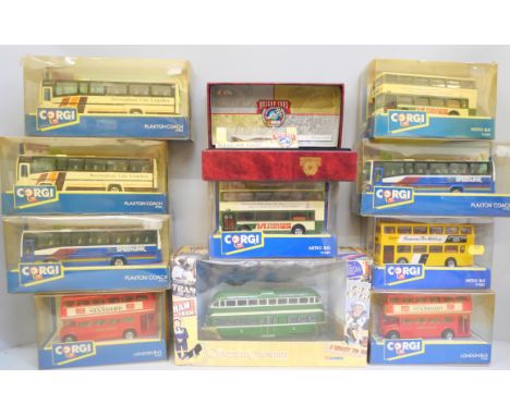 A collection of Corgi model coaches, Original Omnibus, four Plaxton Coaches, two London buses, three Metro Buses and Nascar F