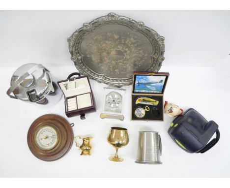 A box of household items including a Polaroid camera, clock, plated tray, ice bucket and tongs  **PLEASE NOTE THIS LOT IS NOT