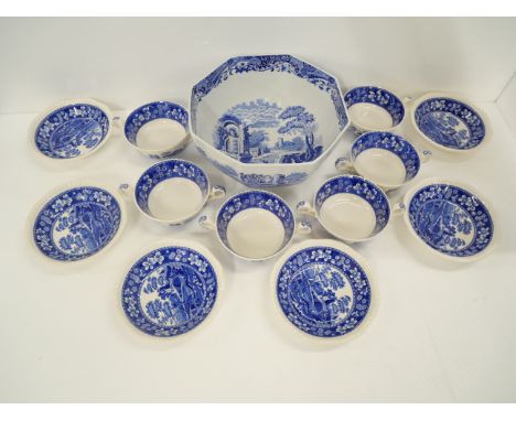 A large collection of Spode Italian tablewares and Spode Blue Tower soup bowls, side plates and bowls