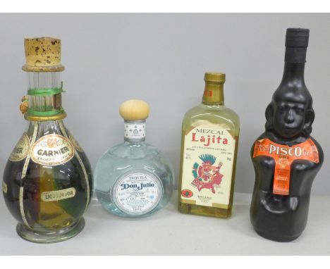 Four bottles - Mezcak Lajita with an agave worm, Don Julio Tequila, Pisco Dry and Garnier PG Quadruple Liquers, 1950s **PLEAS
