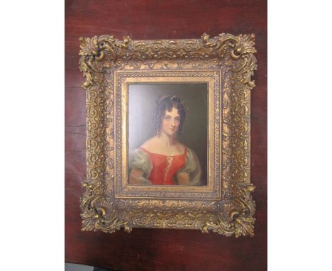 A portrait of a lady wearing a red and white top and gold drop earring pendants, 20th century oil on board, inscribed verso, 