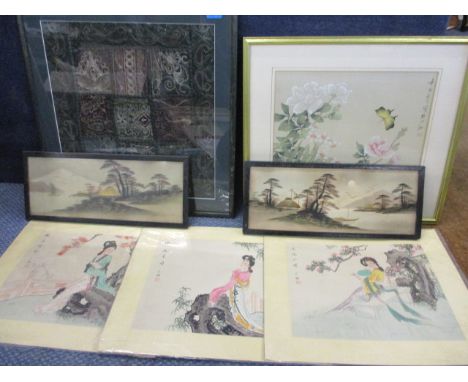 A framed Middle Eastern embroidered panel, three unframed Japanese watercolours, a pair of oriental over painted prints depic