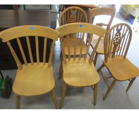 Five mixed modern light wood kitchen chairs