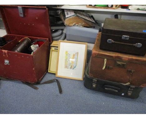 A vintage photographic case containing cameras and assorted lens, four pairs of cased binoculars, a cut glass decanter, three