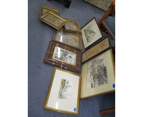 A group of framed and glazed watercolours to include a view of a church, a portrait and rural scenes