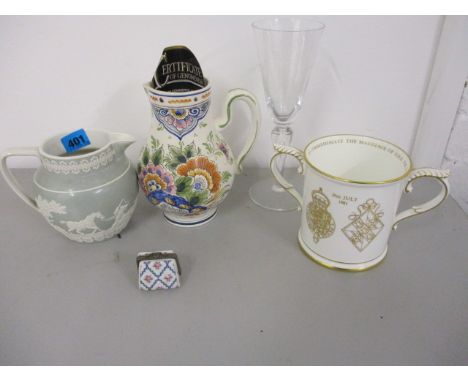 A Copeland Spode stoneware hunting jug, a Delft jug, a Royal Worcester 'The Royal Marriage Loving cup' limited edition 630/10