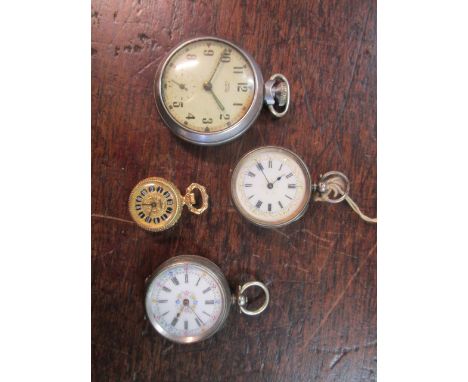 Two Edwardian continental silver ladies pocket watches, a Solora ladies pocket watch and a chrome cased Smith Empire pocket w