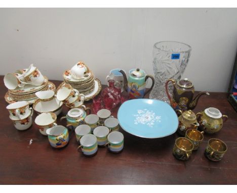 Ceramics and glassware to include a teaset and a Victorian Mary Gregory cranberry glass liqueur set with a decanter and cups