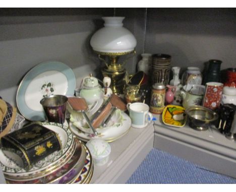 A mixed lot to include West German vases, a Japanese crackle glazed vase, a brass lamp, a doll, an enamel stainless steel dre