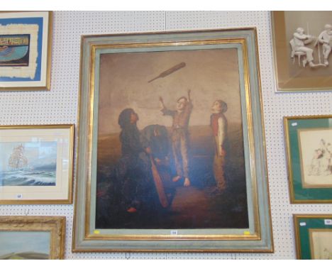 A large framed lithograph, children playing Cricket