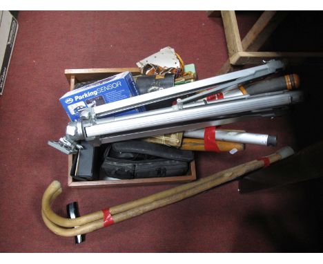 Knitting Needles, digital multi meter, parking sensor, garden tools, walking sticks, camera tripod.