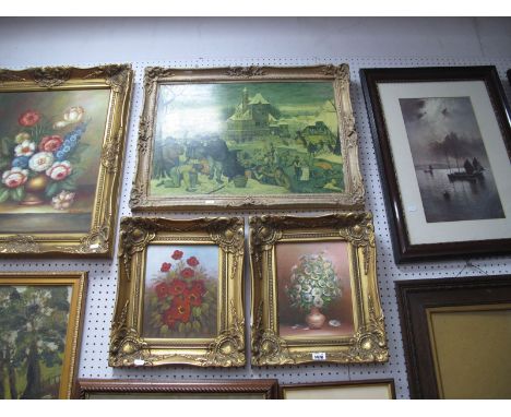 M. Aarra, Still Life of Flowers, oil on board, signed lower right, 49.5 x 39.5cm, plus two smaller and print. (4)