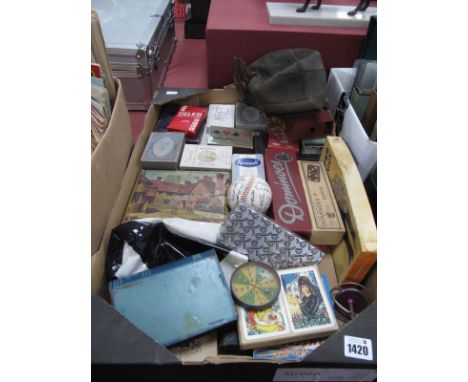 Chad Valley Tin Plate Money Box, playing cards, leather football - deflated, marbles, darts, etc:- One Box.