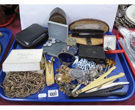 An Oak Cased Mantle clock, glove stretchers, marcasite brooches, costume jewellery, etc:- One Tray.