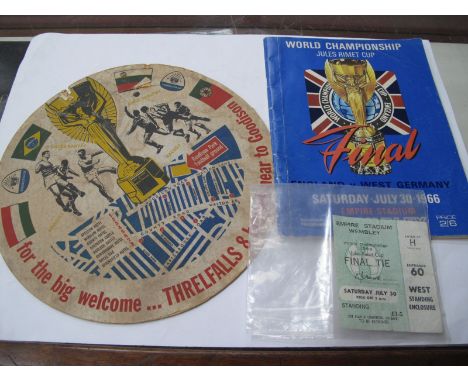 1966 World Cup Final Original Programme, match ticket for West standing enclosure, together with large Threlfalls beer mat, f