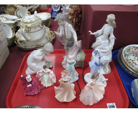 A Lladro Figure of a Girl Losing her Shoe, another slipper girl, other figures including Coalport Debutante Lesley, (9) etc:-
