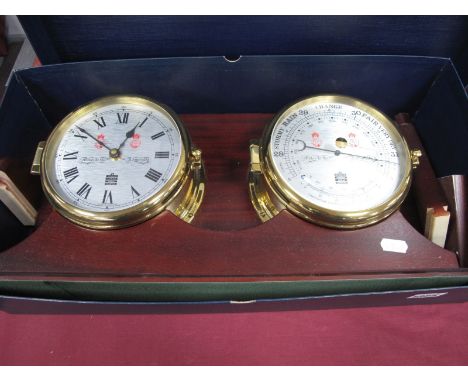 Sewills of Liverpool Clock and Barometer, in brass casings on mahogany mount, 46cm wide.