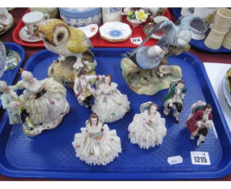 Royal Crown Derby 'Barn Owl' and 'Budgerigars', both (minor chips) and five Dresden porcelain figures:- One Tray.