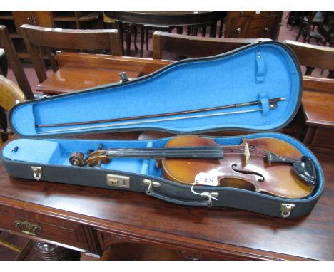 Czech Made Violin, with two piece back, labelled 'Copy of Stradivarius', with bow, in case.