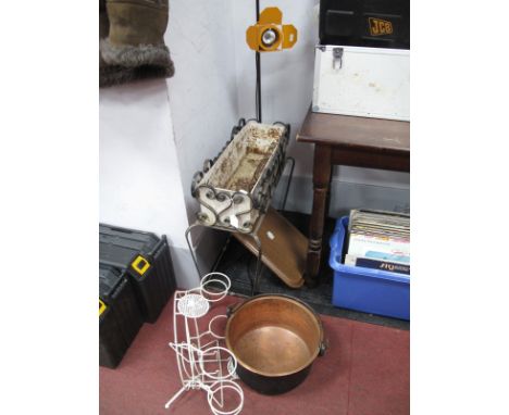 A XIX Century Painted Copper Jam pan, cast iron plant stand and an adjustable standard lamp. (4)