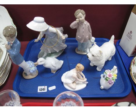 Four Nao Figures, Beswick terrier (ear chip), Doulton Ballet Shoes 'HN 3434 plus rabbit.