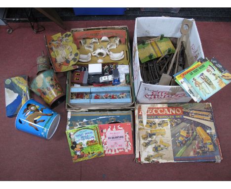 Meccano, Mickey Mouse nursery ware, Art Deco Chad Valley jigsaw, model vehicles, buckets and spades, etc.