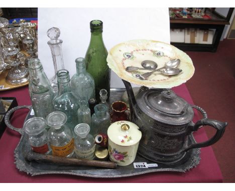 Vintage Bottles and Chemists Bottles, parasol handle, Shelley preserve pot, two Georgian hallmarked silver teaspoons, on a tw