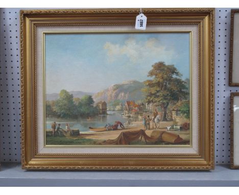 Louis Jennings (Sheffield Artist), Tranquil Riverside Study with Horse, Figures and Boat in Foreground, oil on board, signed 