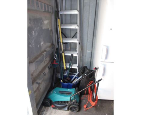 A Bosch Hedge Trimmer (untested sold for parts), step ladders, Bosch lawnmower.