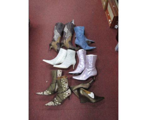 A Collection of Ladies Boots, including Escada blue denim print leather ankle boots (size 39), Escada pink pearlescent 'louis