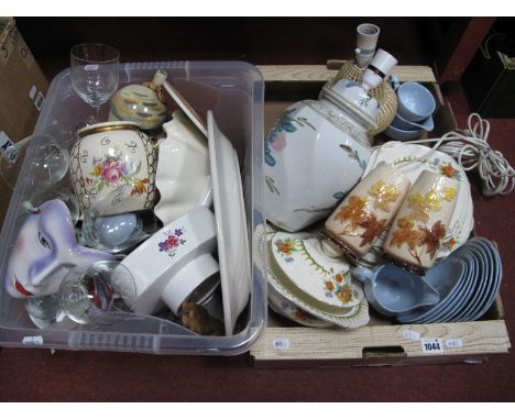 A Quantity of Ceramics and Glassware, comprising Italian table lamp, another table lamp, Meakin dinner ware, etc:- Two Boxes.