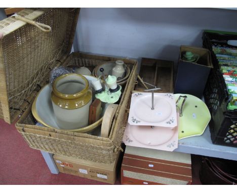 Primrose 54 Thermos Flask, plastic cake stands, cruet set, stone bottles, missing bowl, wicker hamper.