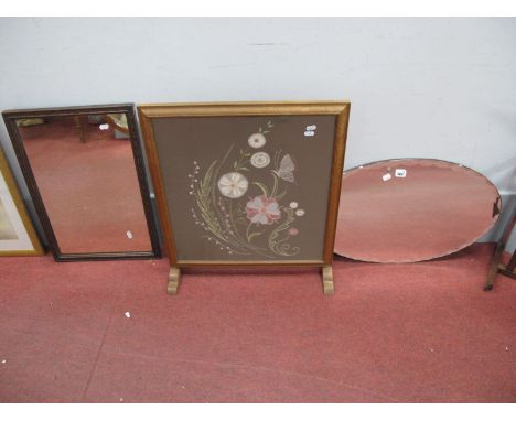 Oak Framed Wall Mirror, unframed oval example, firescreen with needlework panel. (3)