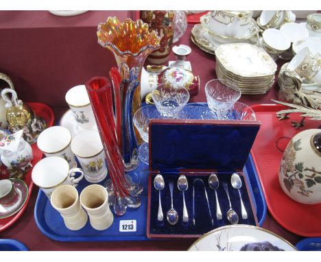 Two Bone China Dice Shakers, four Royal Worcester coffee cups, saucers, cased tea spoons, etc:- One Tray.