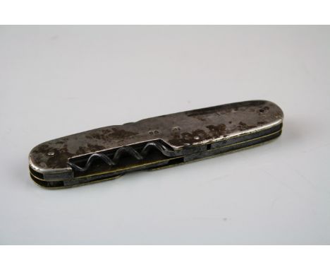Victorian silver penknife, comprising corkscrew, knife, nail file, button hook, makers possibly Jane Brownett or John Batson,