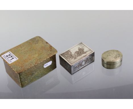 A small collection of trinket boxes to include hammered brass and silver plated examples. 