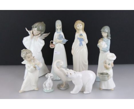 Eight Spanish porcelain figures to include 5 x Lladro (4959 angelic child, angelic child playing the flute, polar bear, preen