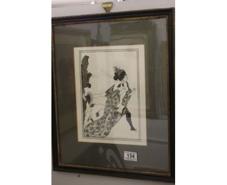 Aubrey Beardsley 1872-1898, a Hogarth framed erotic vinatge print of a decadent female.