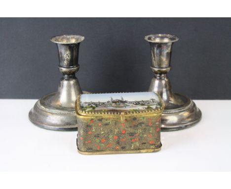 A pair of Scandinavian 830S silver candlesticks by Svend Toxvaerd together with a trinket box. 